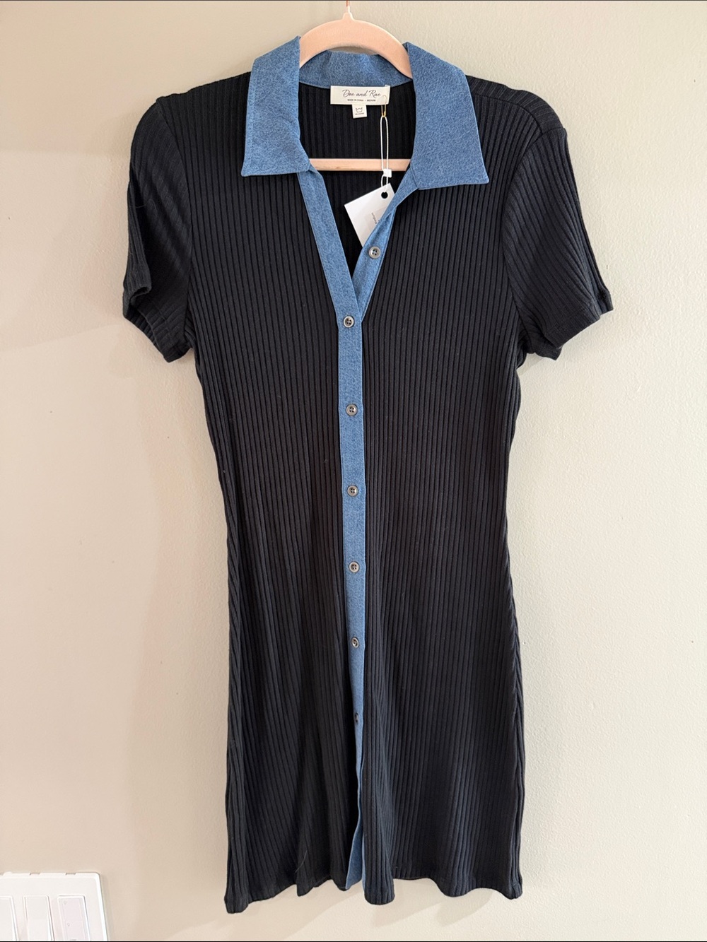 Doe & Rae Black Ribbed Mini Dress with Blue Trim